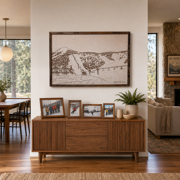 Hand Sketched Hoodoo Ski Area Lodge Oregon Wood Artwork