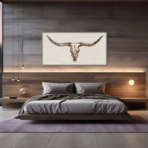 Handcrafted Texas Longhorn skull wall art engraved on rustic wood, western-style home decor