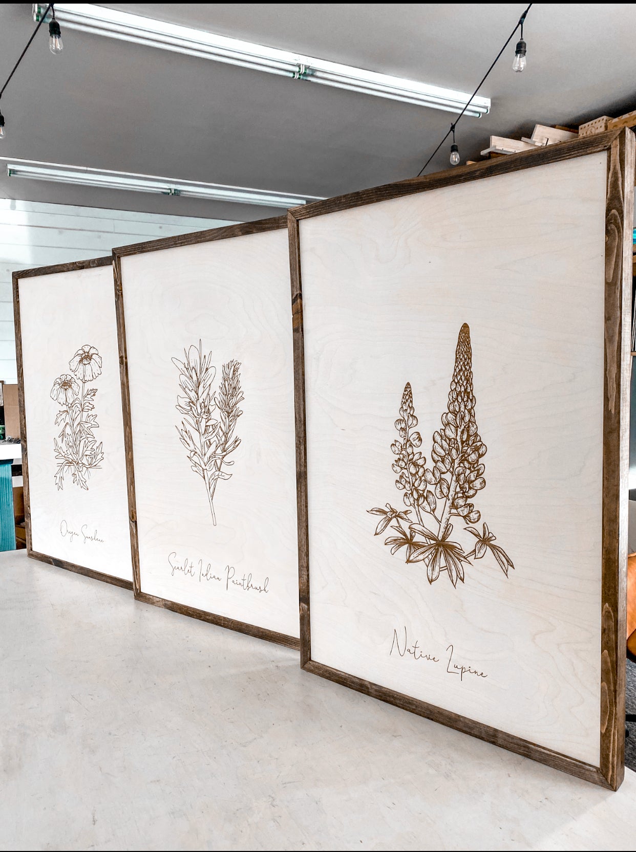 Oregon Flowers Hand Sketched Three Piece Wooden Artwork Set