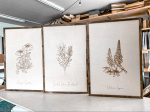 Oregon Flowers Hand Sketched Three Piece Wooden Artwork Set