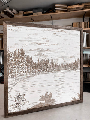 Waldo Lake Hand Sketched Engraved Wooden Artwork