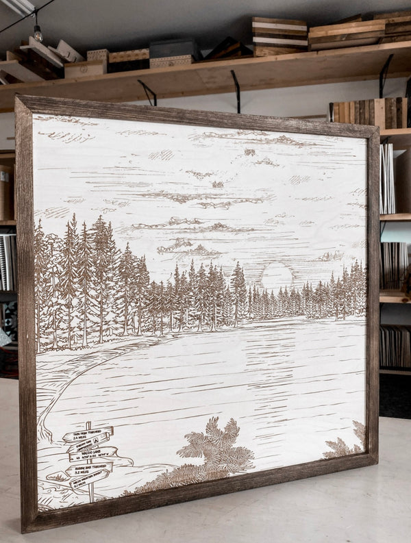 Waldo Lake Hand Sketched Engraved Wooden Artwork