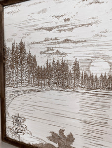 Waldo Lake Hand Sketched Engraved Wooden Artwork