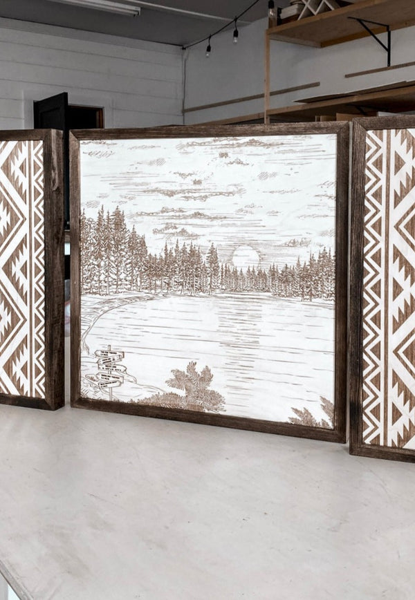 Waldo Lake Hand Sketched Engraved Wooden Artwork