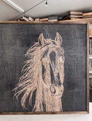 Hand Sketched Horse Engraved Wooden Artwork