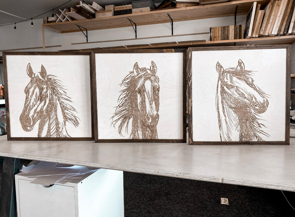 Three Piece Set Hand Sketched Horse Wooden Artwork
