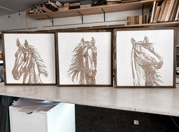Three Piece Set Hand Sketched Horse Wooden Artwork