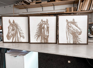 Three Piece Set Hand Sketched Horse Wooden Artwork