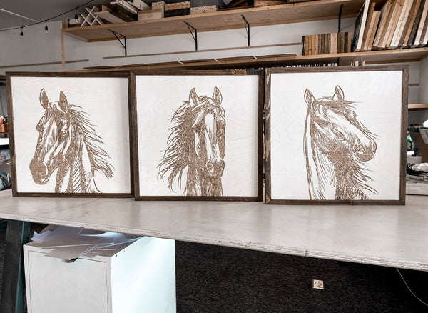 Three Piece Set Hand Sketched Horse Wooden Artwork