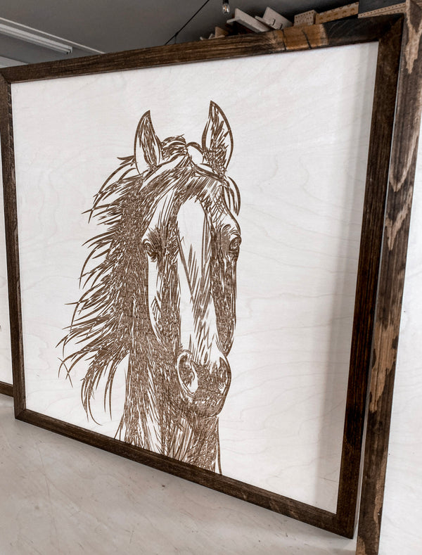 Three Piece Set Hand Sketched Horse Wooden Artwork