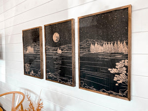 Sparks Lake Hand Sketched Three Piece Set Wooden Artwork