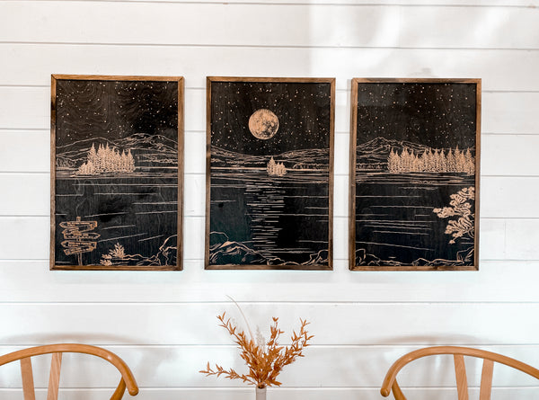 Sparks Lake Hand Sketched Three Piece Set Wooden Artwork