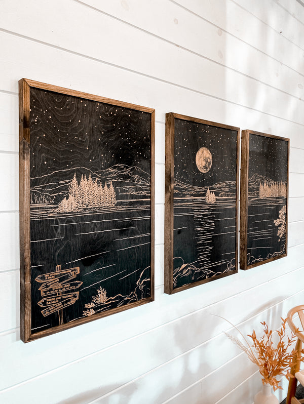 Sparks Lake Hand Sketched Three Piece Set Wooden Artwork