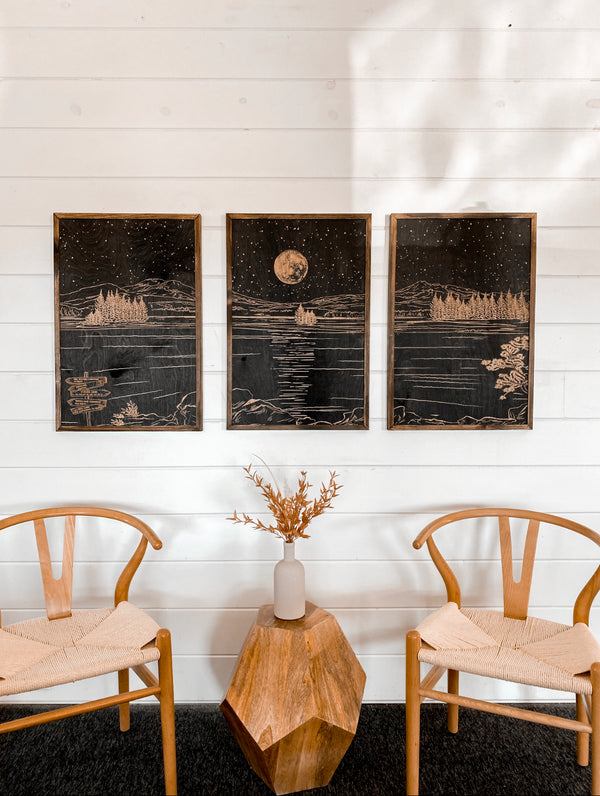 Sparks Lake Hand Sketched Three Piece Set Wooden Artwork