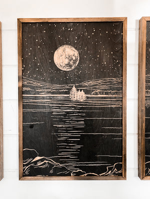 Sparks Lake Hand Sketched Three Piece Set Wooden Artwork
