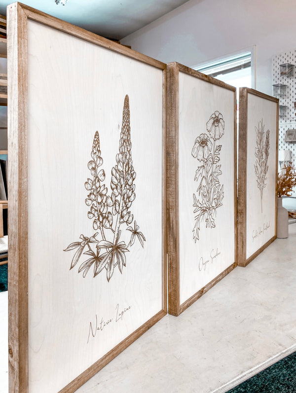 Oregon Flowers Hand Sketched Three Piece Wooden Artwork Set