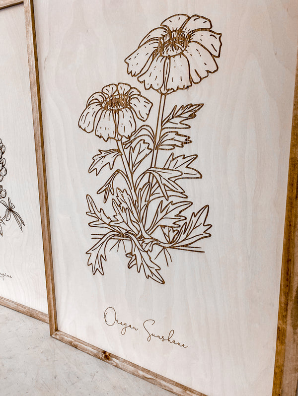 Oregon Flowers Hand Sketched Three Piece Wooden Artwork Set