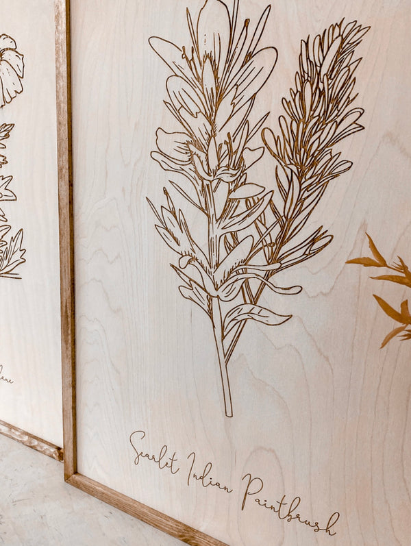 Oregon Flowers Hand Sketched Three Piece Wooden Artwork Set