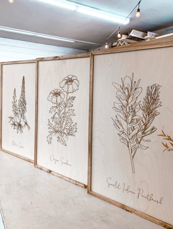 Oregon Flowers Hand Sketched Three Piece Wooden Artwork Set