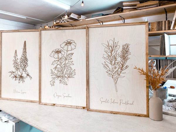 Oregon Flowers Hand Sketched Three Piece Wooden Artwork Set
