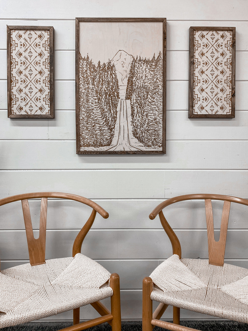 3 Piece Hand Sketched Mt. Hood Forest Road with Aztec Wood Artwork