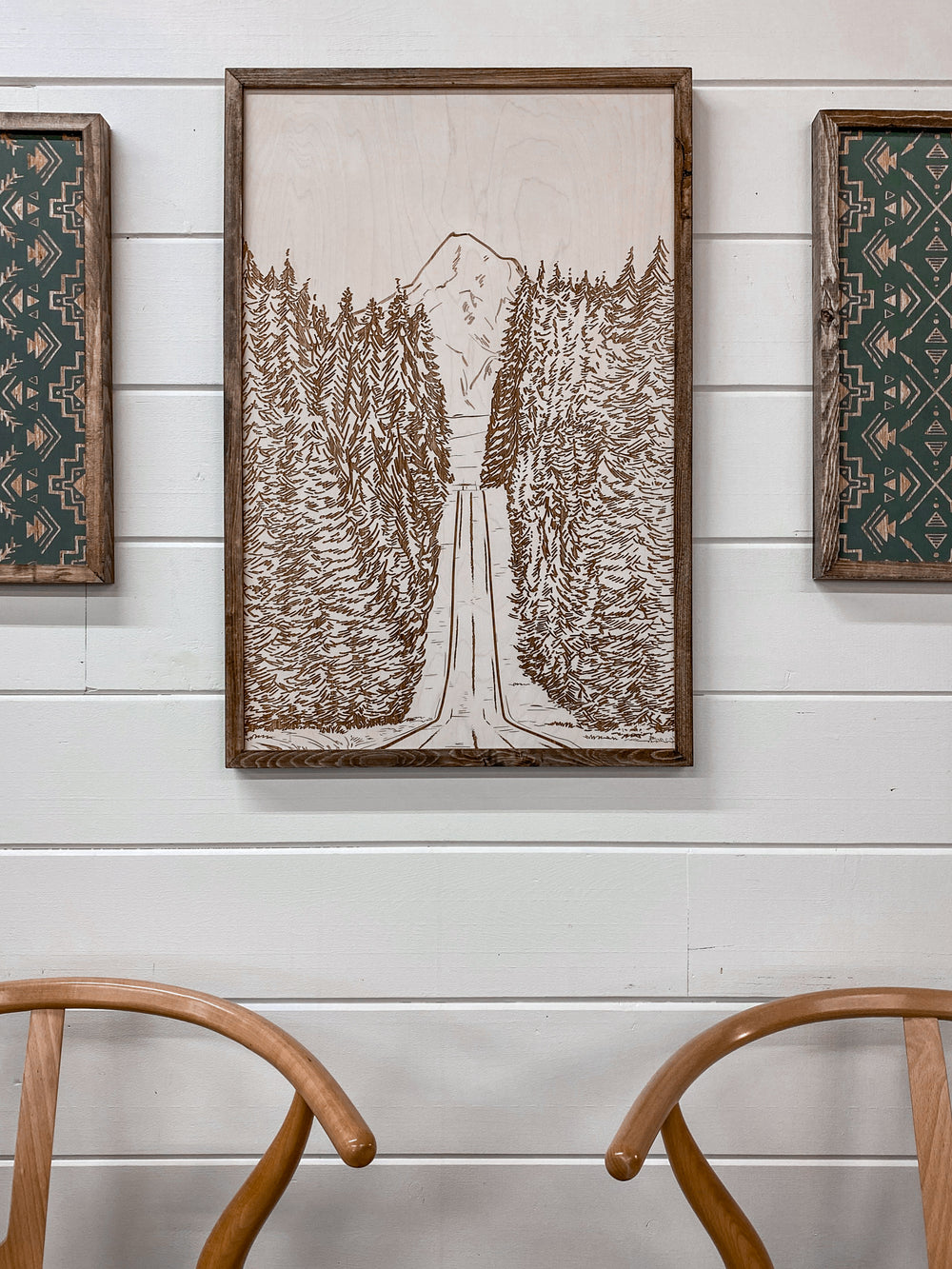 3 Piece Hand Sketched Mt. Hood Forest Road with Black Arrow Aztec Wood Artwork