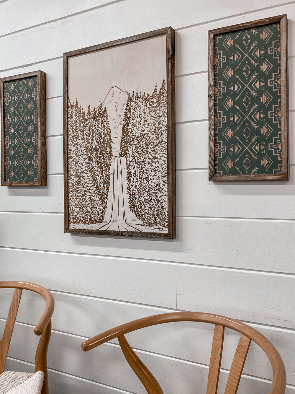 3 Piece Hand Sketched Mt. Hood Forest Road with Black Arrow Aztec Wood Artwork