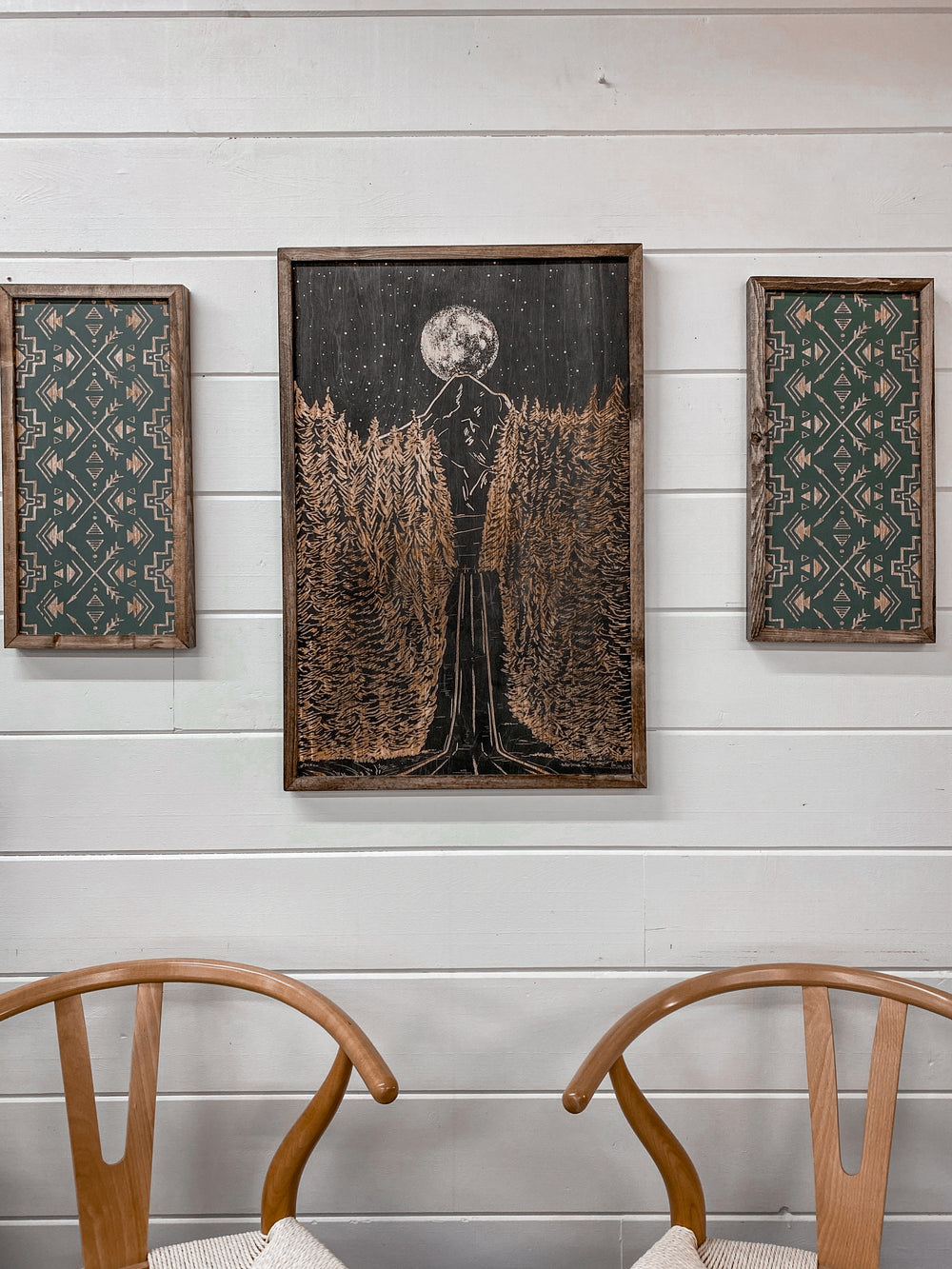 3 Piece Hand Sketched Mt. Hood Forest Road Moonlight with Black Arrow Aztec Wood Artwork