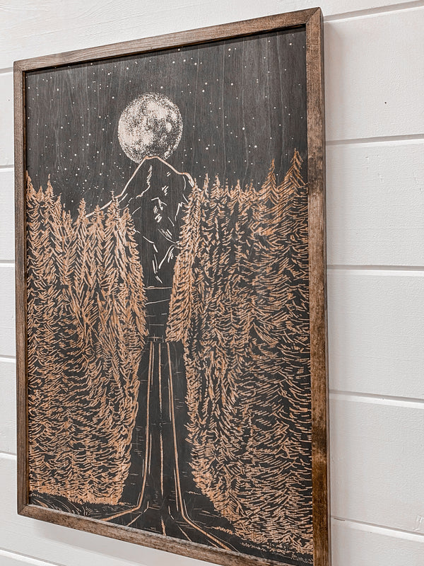 Hand Sketched Mt. Hood Forest Road Moonlight Wood Artwork