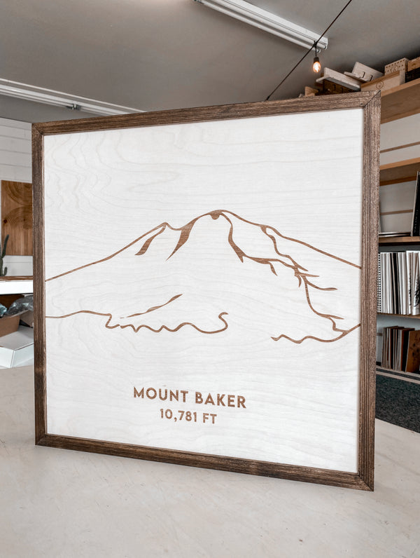 Mount Baker Hand Sketched Engraved Wooden Artwork