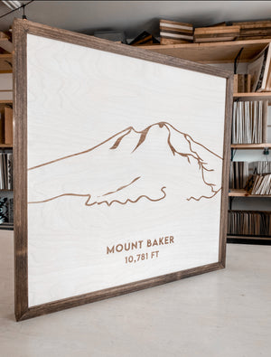 Mount Baker Hand Sketched Engraved Wooden Artwork