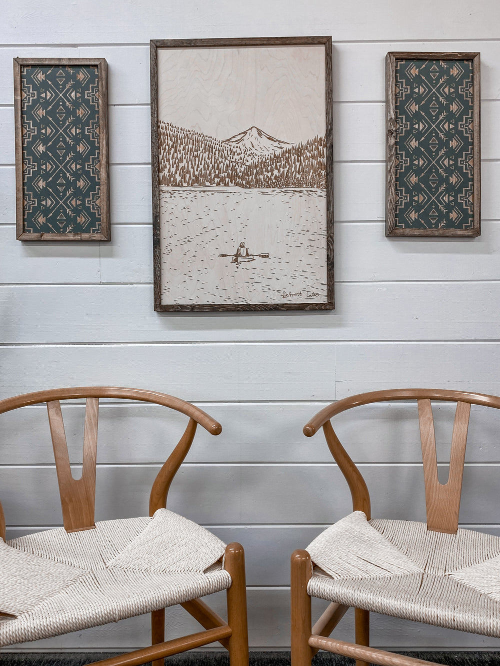3 Piece Hand Sketched Detroit Lake Oregon Wood Artwork with Black Aztec/Arrow