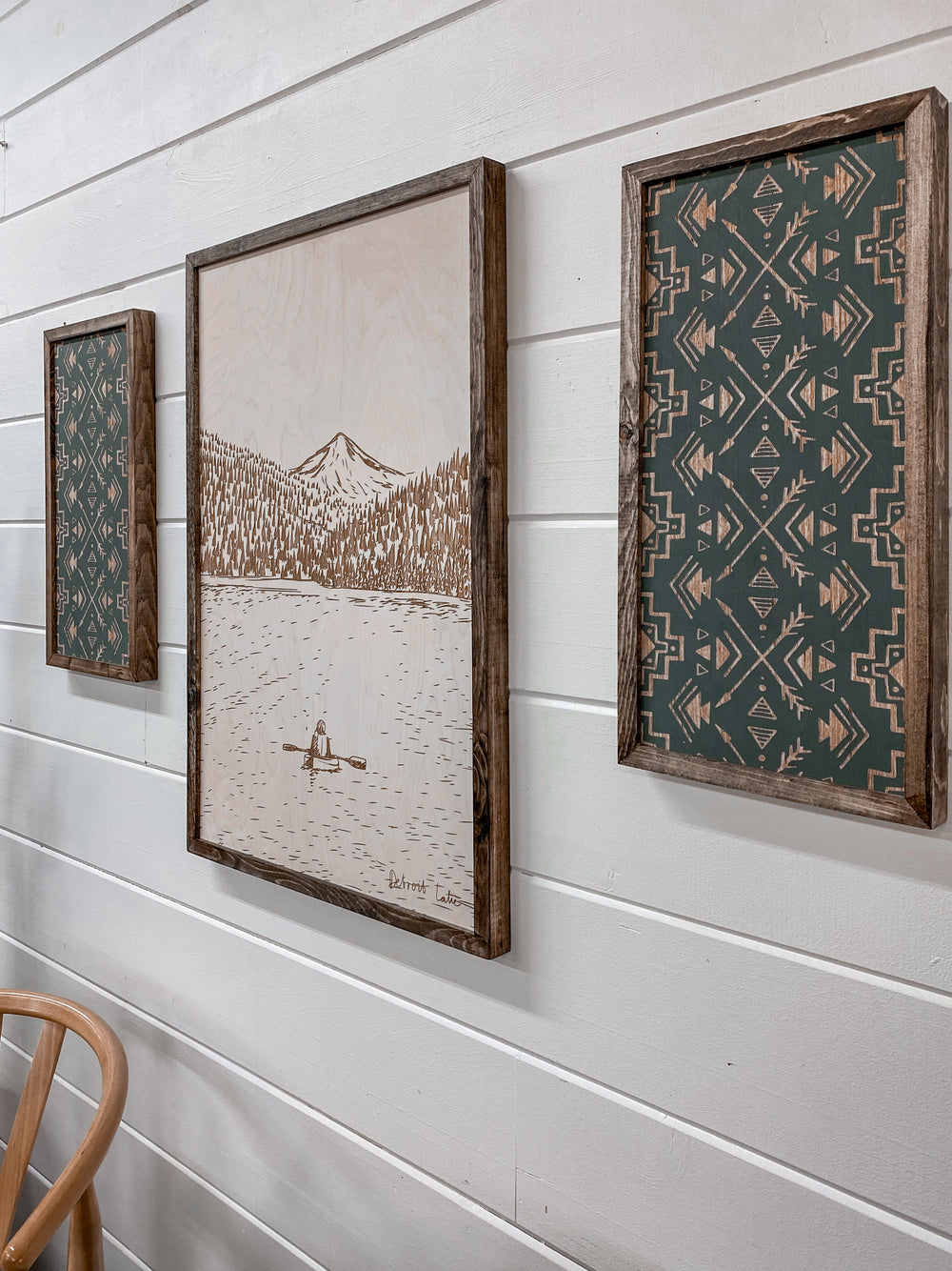 3 Piece Hand Sketched Detroit Lake Oregon Wood Artwork with Black Aztec/Arrow