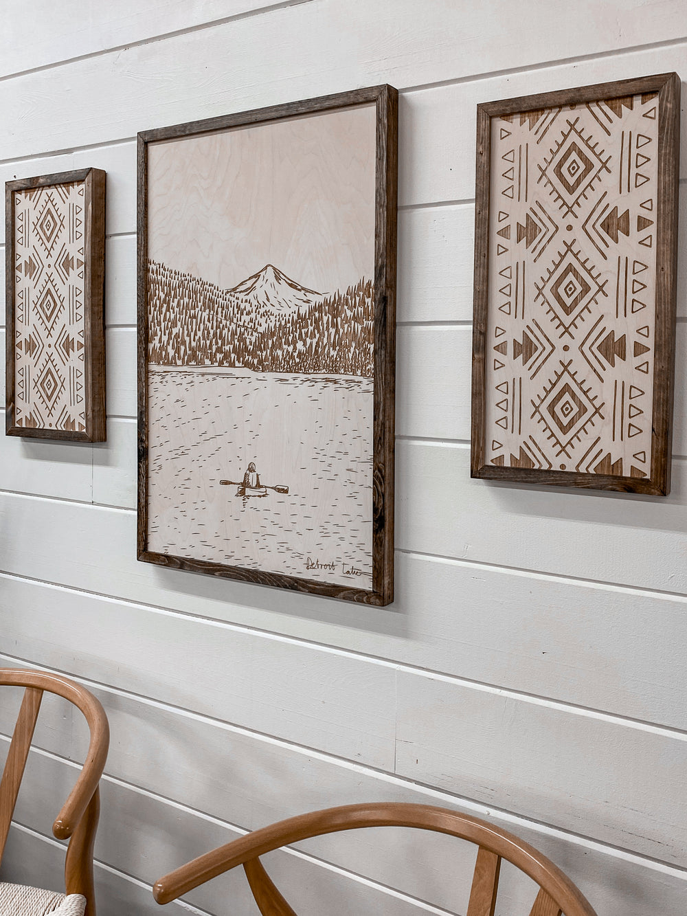 3 Piece Hand Sketched Detroit Lake Oregon Wood Artwork with Aztec