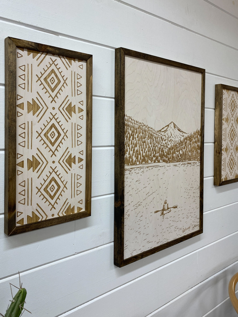 3 Piece Hand Sketched Detroit Lake Oregon Wood Artwork with Aztec