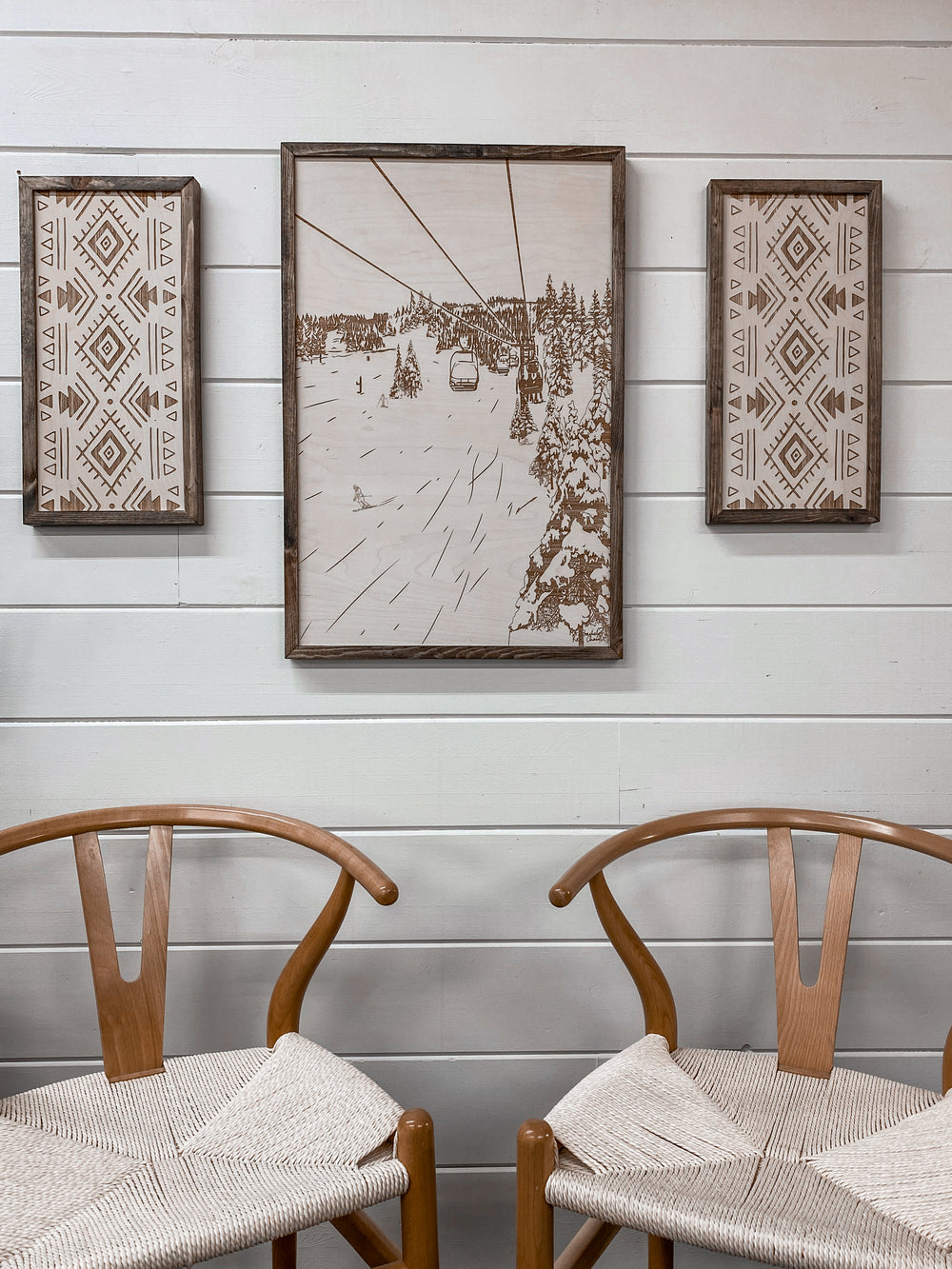 3 Piece Hand Sketched Mt. Bachelor Red Chair with Aztec Wood Artwork