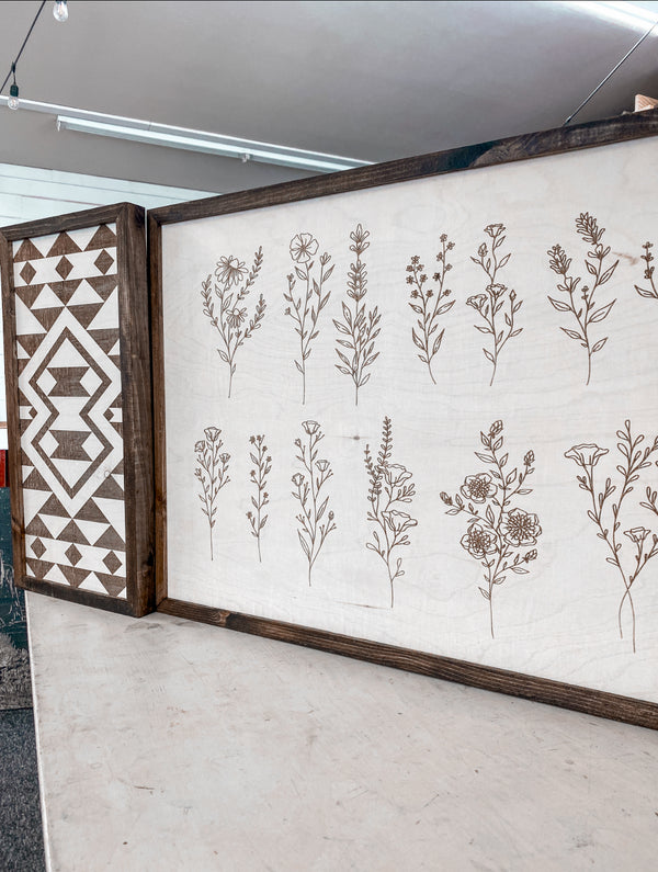 3 Piece Hand Sketched Flower & Bold Aztec Wood Artwork