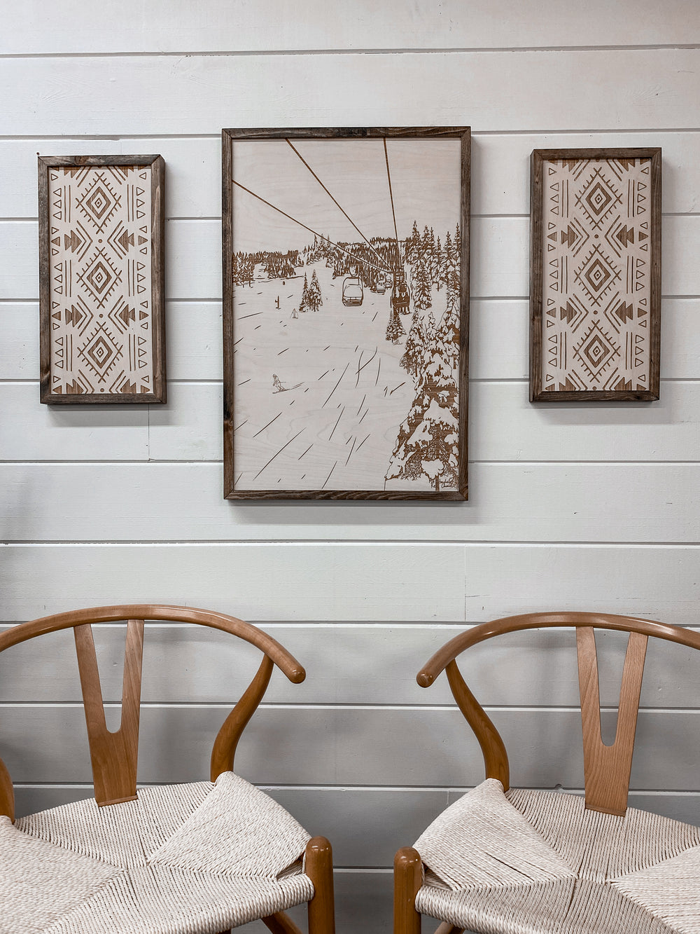 3 Piece Hand Sketched Mt. Bachelor Red Chair with Aztec Wood Artwork