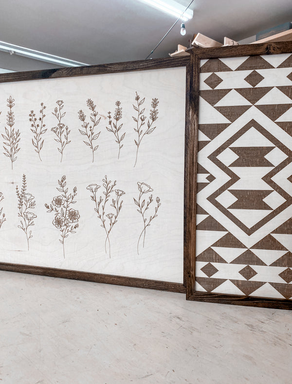 3 Piece Hand Sketched Flower & Bold Aztec Wood Artwork