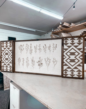 3 Piece Hand Sketched Flower & Bold Aztec Wood Artwork