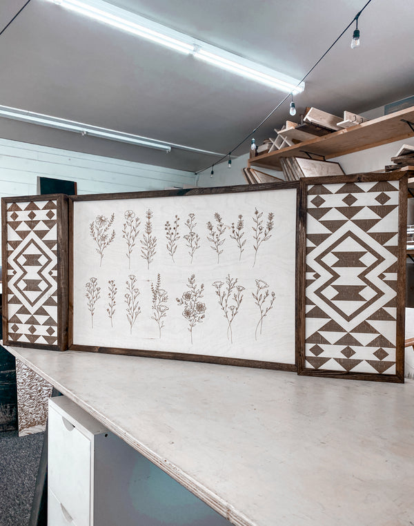 3 Piece Hand Sketched Flower & Bold Aztec Wood Artwork