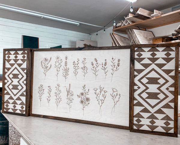 3 Piece Hand Sketched Flower & Bold Aztec Wood Artwork