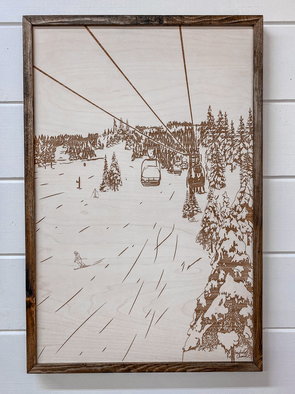 Hand Sketched Mt. Bachelor Red Chair Oregon Wood Artwork