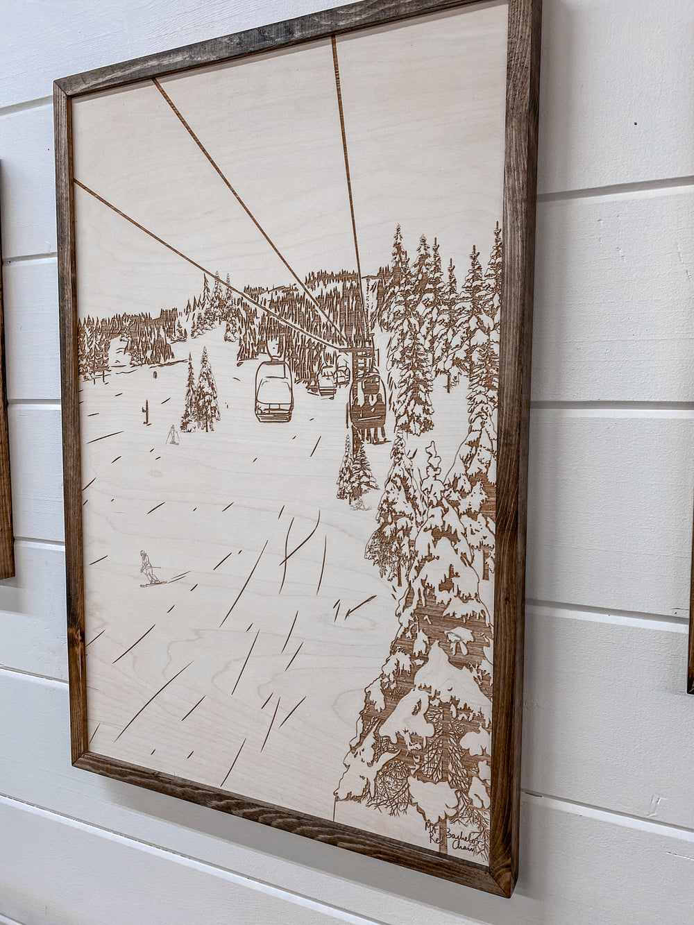 Hand Sketched Mt. Bachelor Red Chair Oregon Wood Artwork