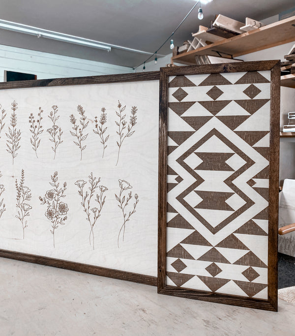 3 Piece Hand Sketched Flower & Bold Aztec Wood Artwork