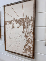 Load image into Gallery viewer, Hand Sketched Mt. Bachelor Red Chair Oregon Wood Artwork

