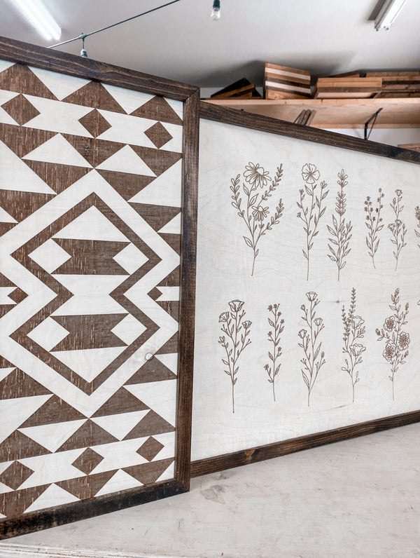 3 Piece Hand Sketched Flower & Bold Aztec Wood Artwork