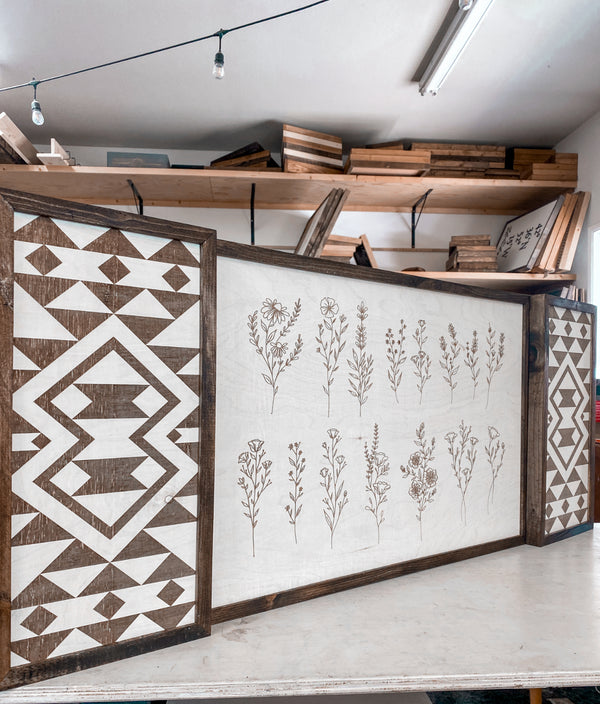 3 Piece Hand Sketched Flower & Bold Aztec Wood Artwork