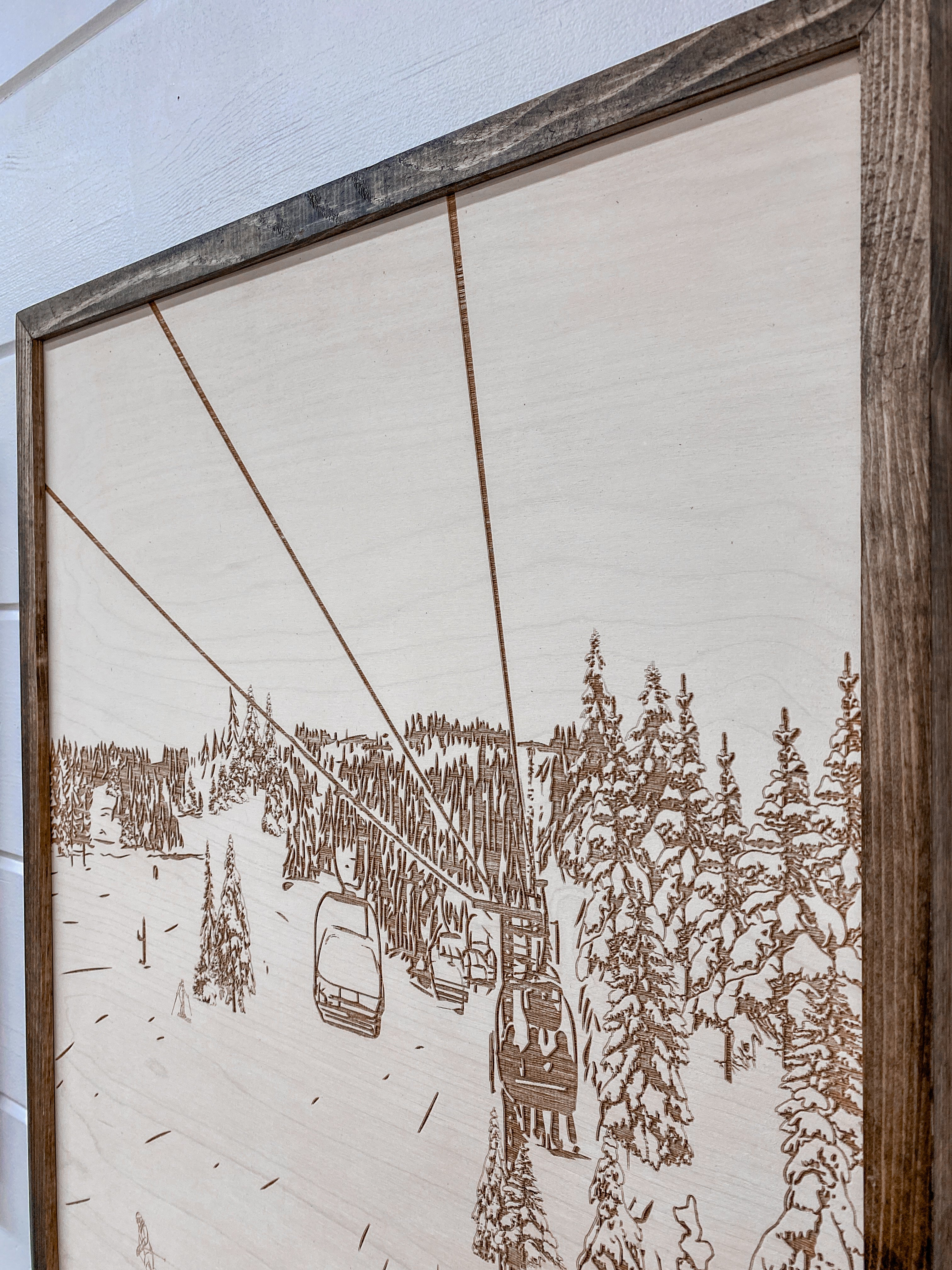 Hand Sketched Mt. Bachelor Red Chair Oregon Wood Artwork