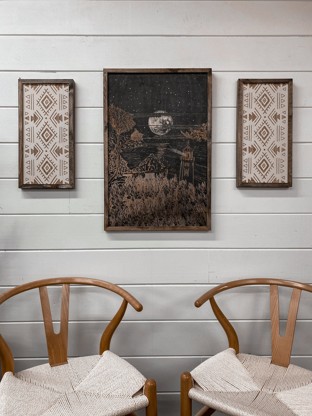 3 Piece Hand Sketched Devils Churn Oregon Wood Artwork with Aztec